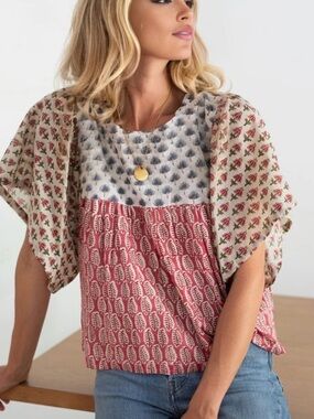 Emerson Fry India Collection Organic Cotton Top Medium Mixed Print Boho Blouse
